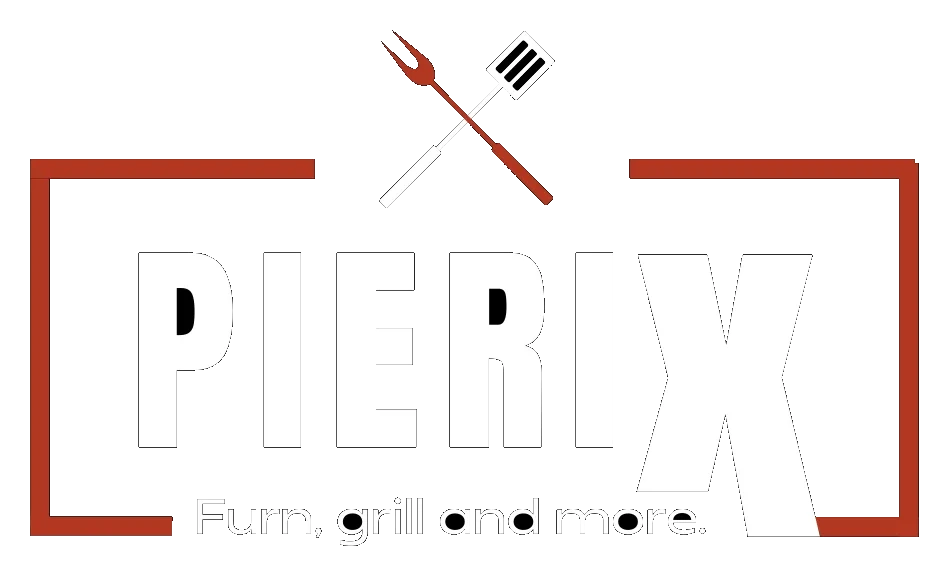 Pierix restaurant identity mark, white wordmark with crossed fork and spatula